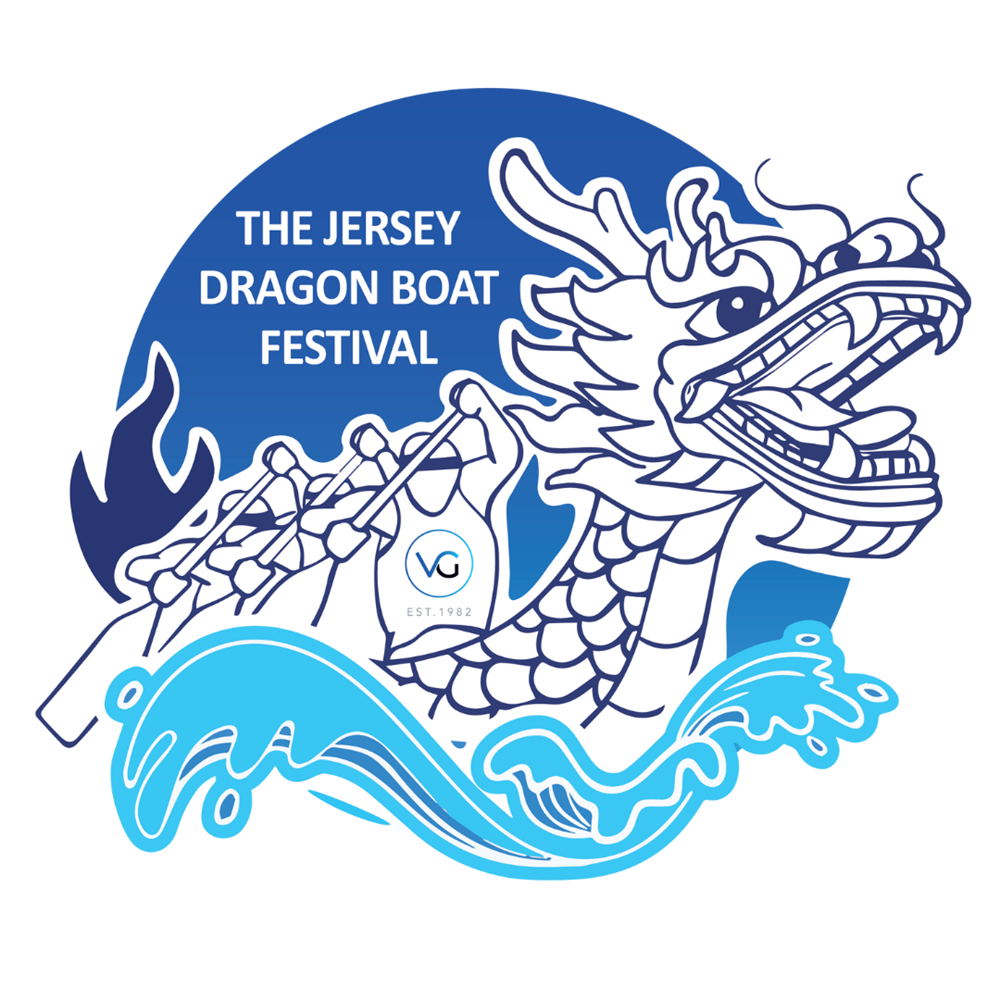 Image of Dragon Boat Logo, blue and white, dragon boat, dragon head and text 